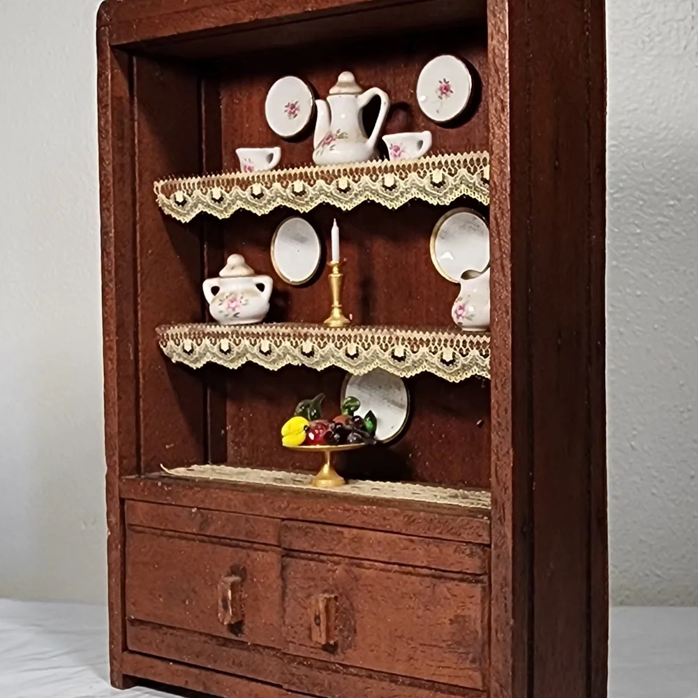 Vintage 1:12 Dollhouse Miniature Wood China Cabinet Hutch w/ Porcelain Metal Set